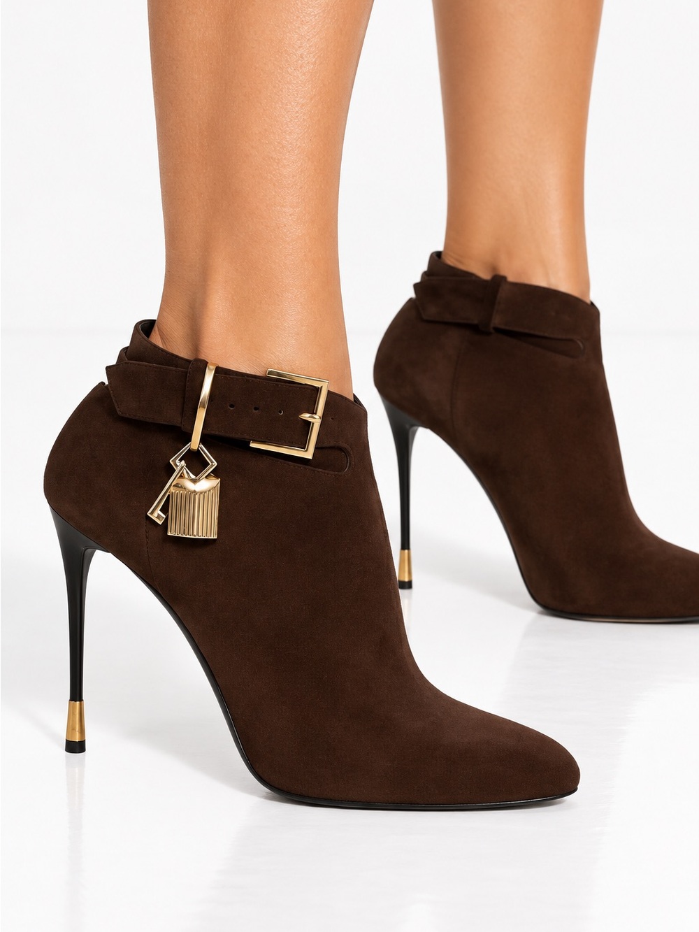 TOM FORD Brown Suede Almond Toe Padlock Ankle Strap Booties Size EU38.5
